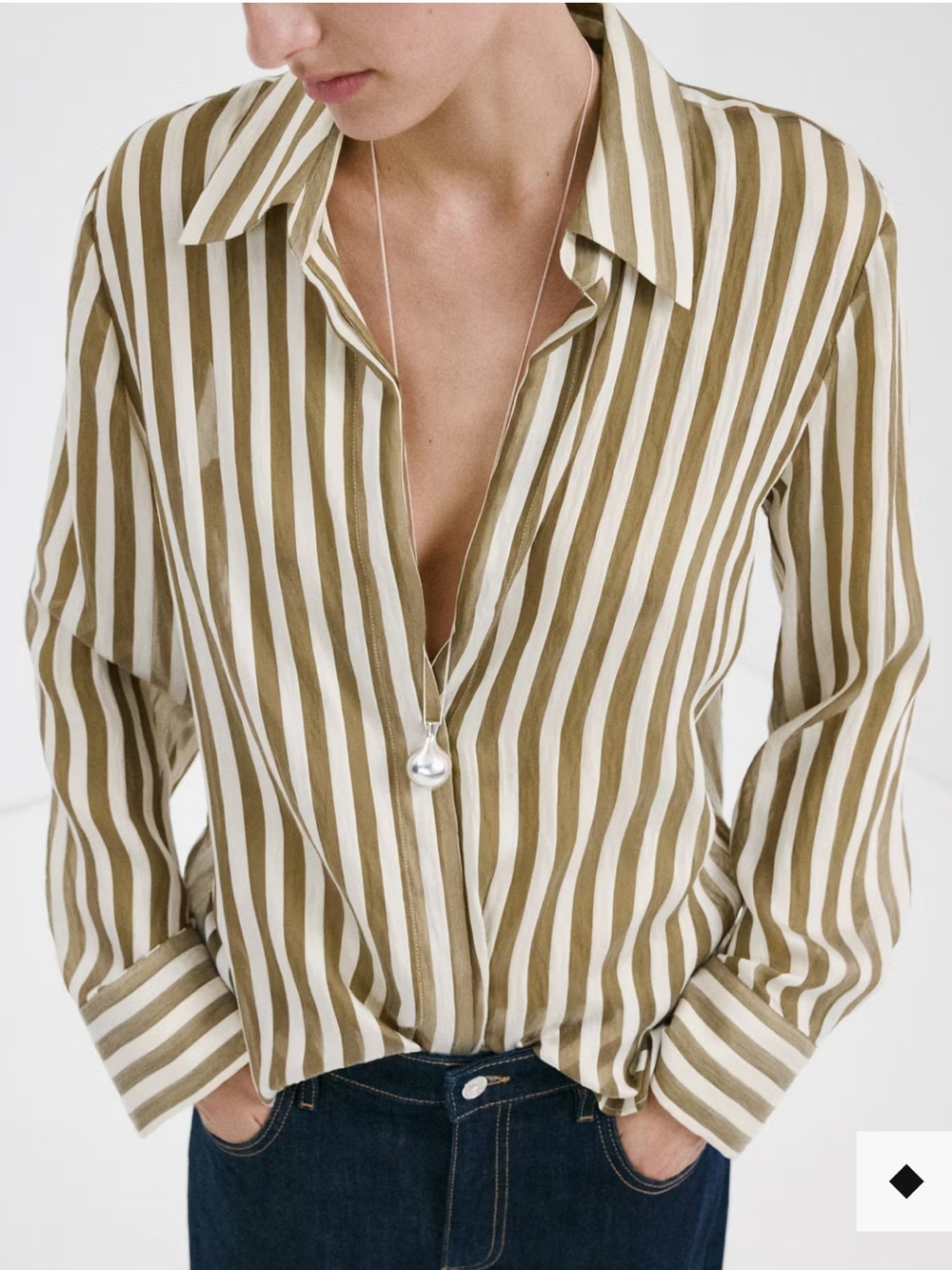 Mango Olive and Cream Striped Shirt SEMI-SHEER STRIPED LYOCELL SHIRT 7157